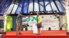 Chairman of the Kenya Secondary's Heads Associations (KSSHA) Indimuli Kahi and Head of KCB Foundation Caroline Wanjeri. PHOTO/COURTESY
